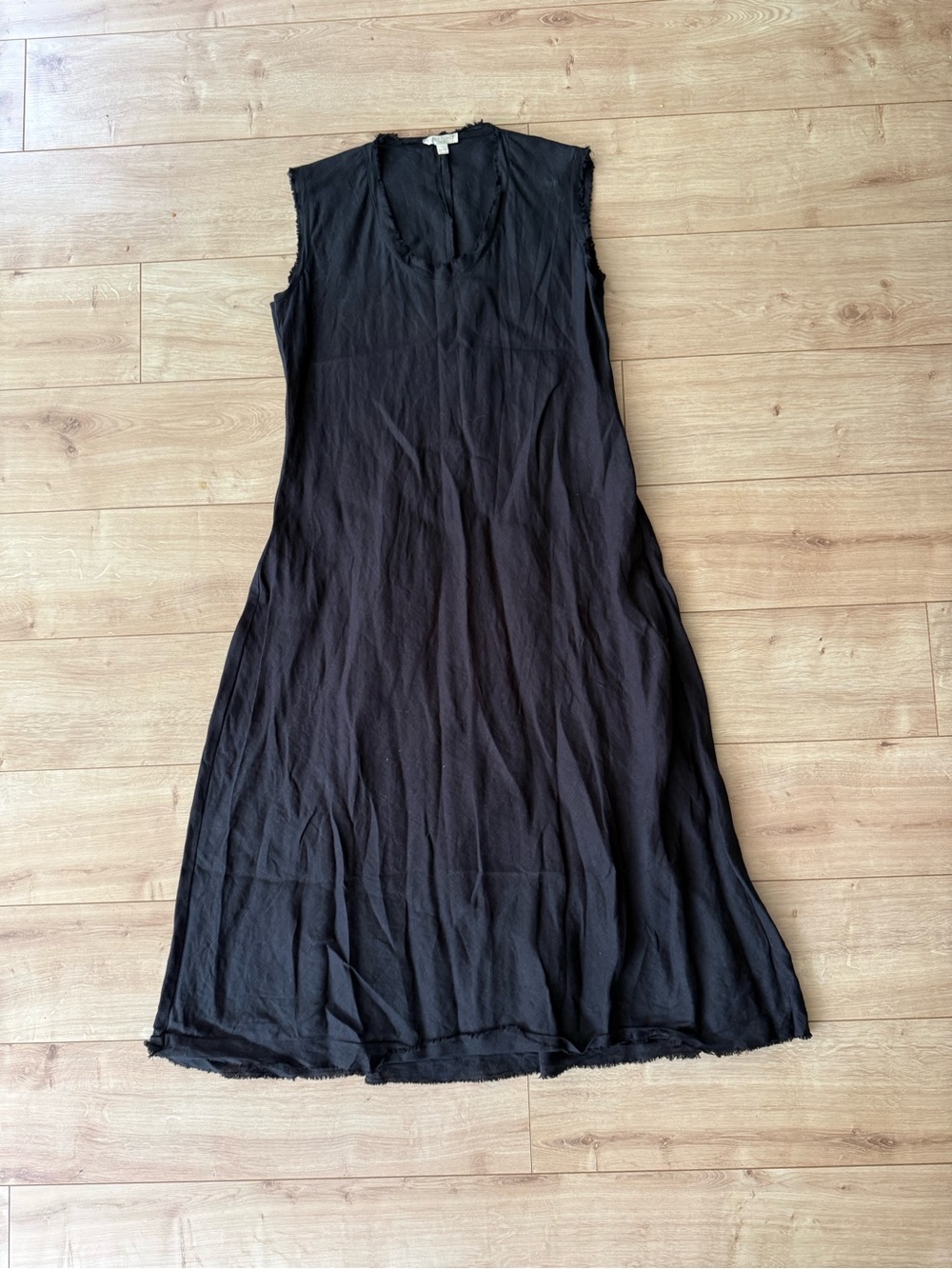 Eileen Fisher PL Black 100% Linen Maxi Dress Raw Edge Sleeveless Petite Large